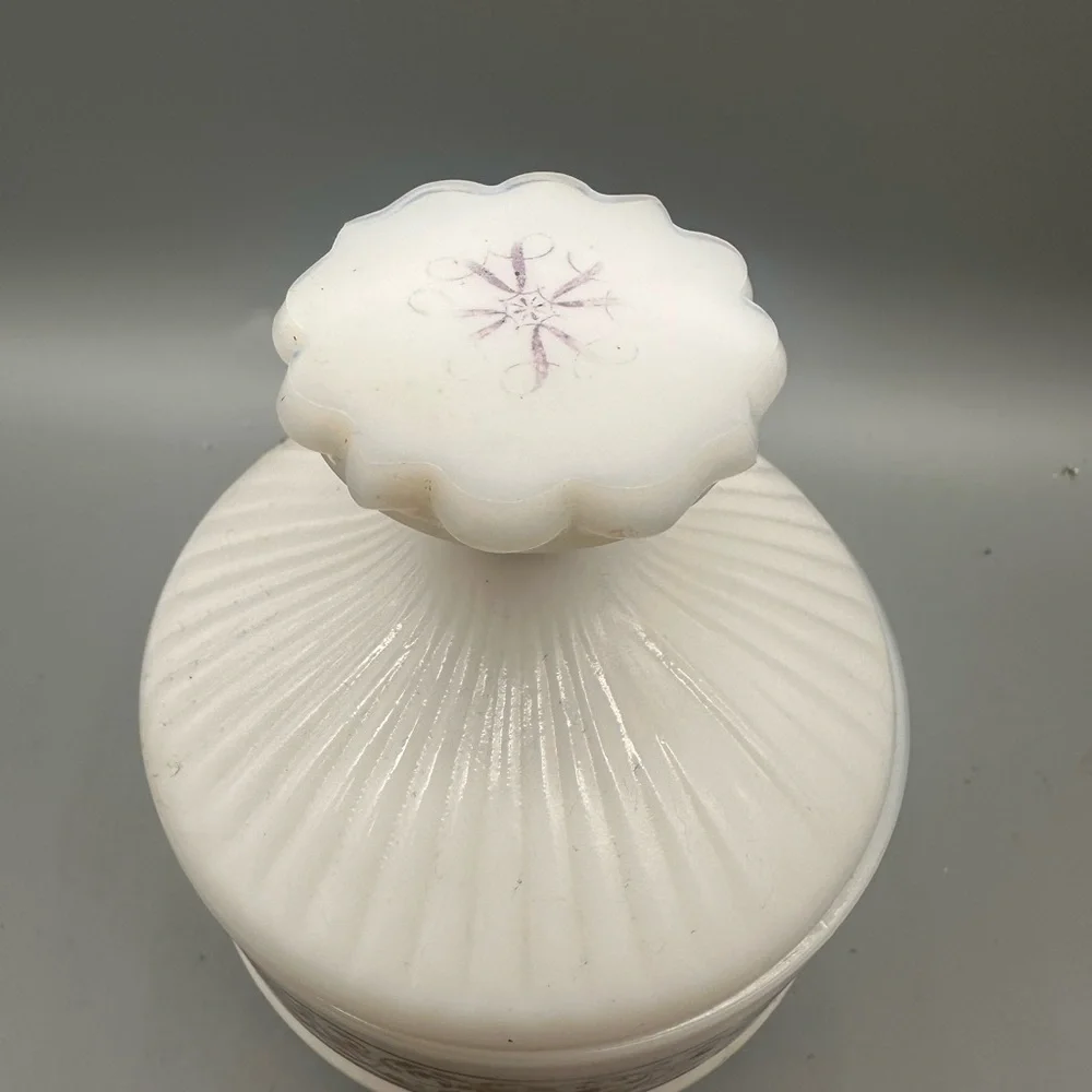 Vintage White milk Glass Decorative Lidded Jar with Gold Scroll Accent